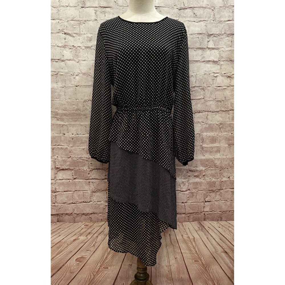 DKNY Womens Black Polka Dot Midi Sheath Dress Long Sleeve Polyester Size M